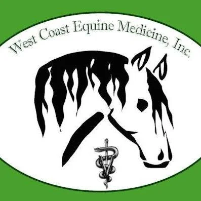 Logo of West Coast Equine Medicine, Inc. featuring a horse head outline, a caduceus symbol, and green and white colors.