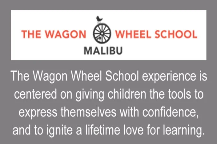Logo for The Wagon Wheel School Malibu with a black wagon wheel and a bird on top, and text describing the school's focus on empowering children with confidence and love for learning.