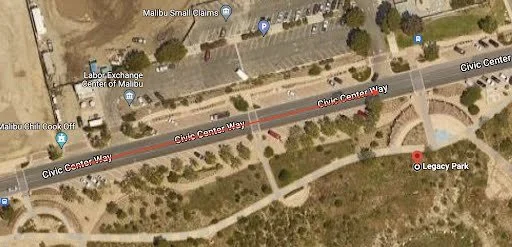 Satellite view of Legacy Park and Civic Center Way in Malibu, showing nearby landmarks like the Labor Exchange, Malibu Small Claims, and Malibu City Hall.