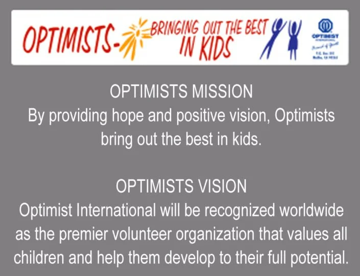 Banner for Optimists International with the slogan "Bringing Out the Best in Kids" and a mission statement about providing hope and positive vision to children, emphasizing recognition as a premier volunteer organization.