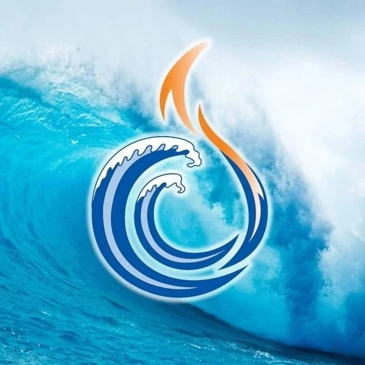 A blue ocean wave with a stylized logo of a wave and flame in the center.
