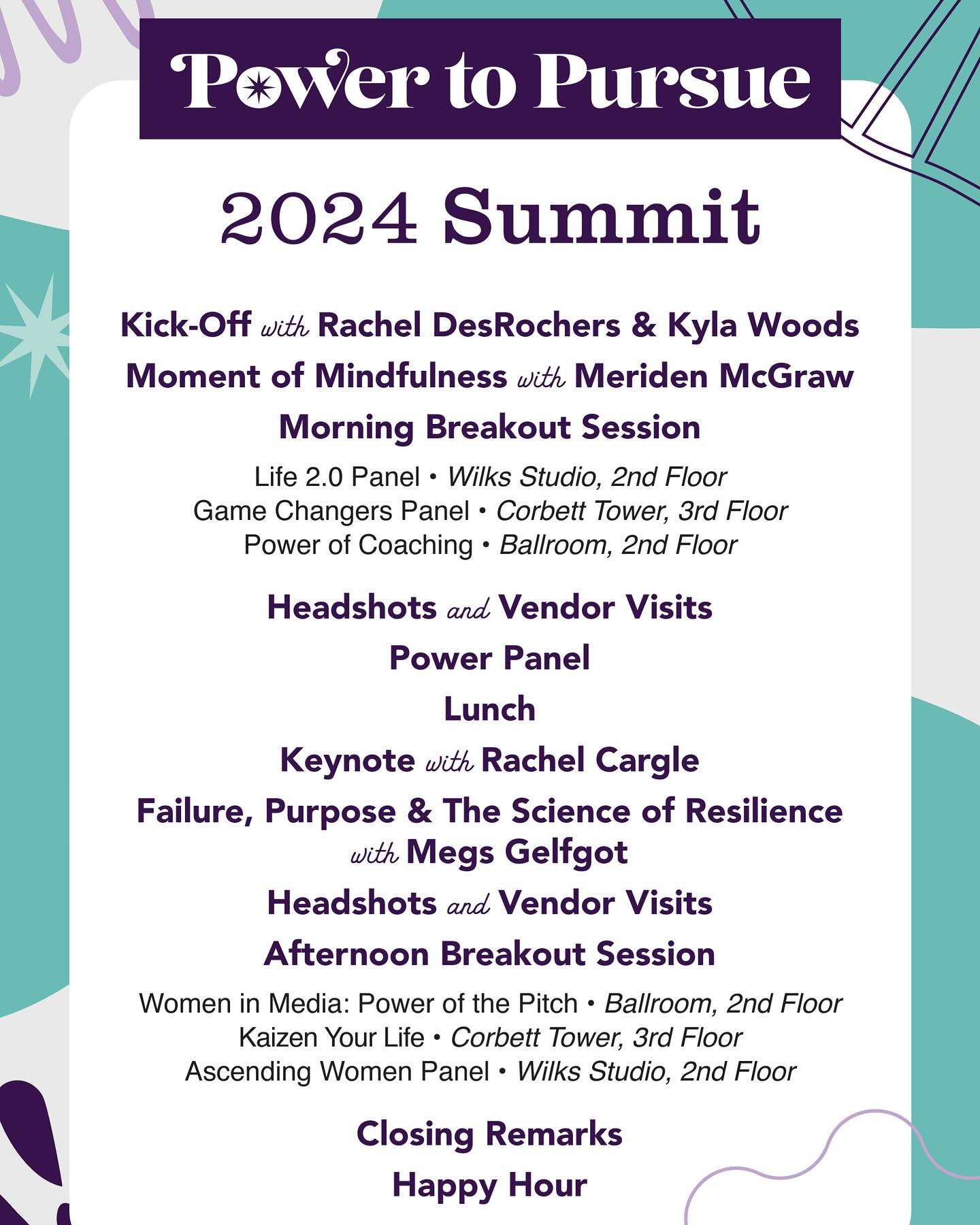 Here&rsquo;s what to expect FRIDAY!

Kick-Off with Rachel DesRochers &amp; Kyla Woods
Moment of Mindfulness with Meriden McGraw

Morning Breakout Sessions
Life 2.0 Panel &bull; Ballroom, 2nd Floor
Game Changers Panel &bull; Wilks Studio, 2nd Floor�
P