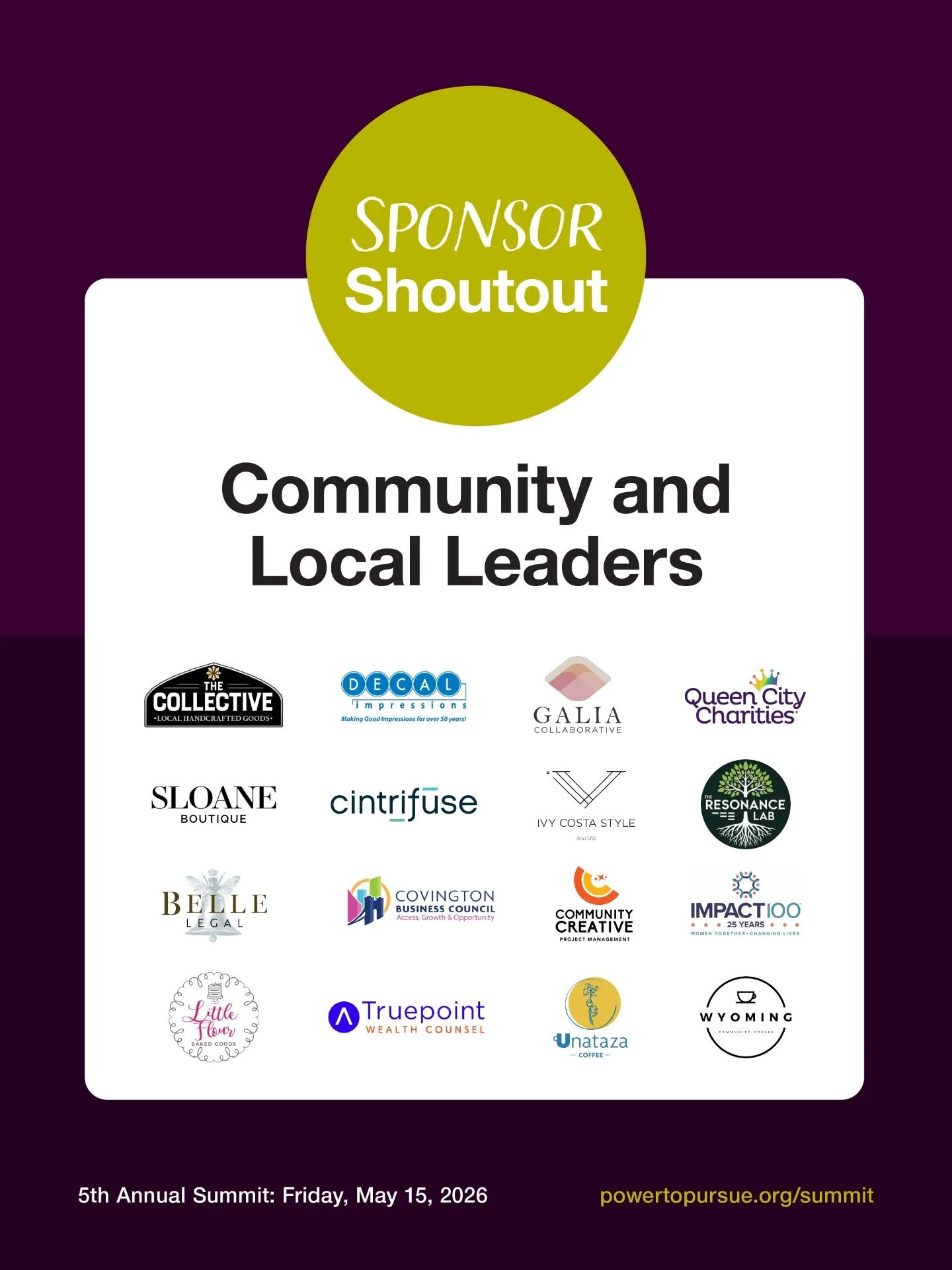 With immense gratitude to our Community Leaders and our Local Leaders!

Community Leaders:
💜 The Collective
💜 Decal Impressions
💜 Galia Collaborative
💜 Queen City Charities
💜 Sloane Boutique

VIP Local Leaders:
💜 Cintrifuse
💜 Ivy Costa Style
?