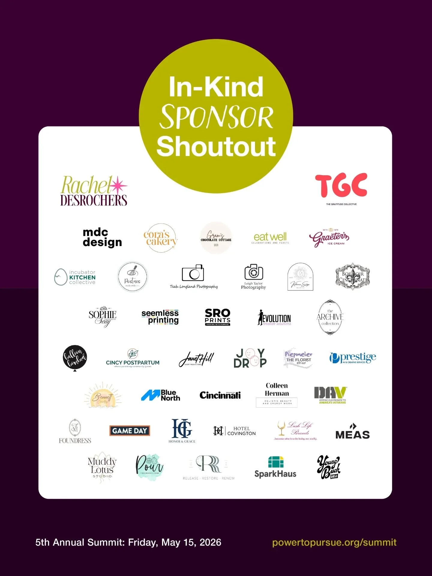 Yes. We know. It's UNBELIEVABLE how many companies are supporting this build. Thank you simply isn't enough.

With an abundance of gratitude for our In-Kind Sponsors...

💜 Food Vendors
Cora's Cakery
Eat Well
Graeter's
Gram's Chocolate Cottage
The In