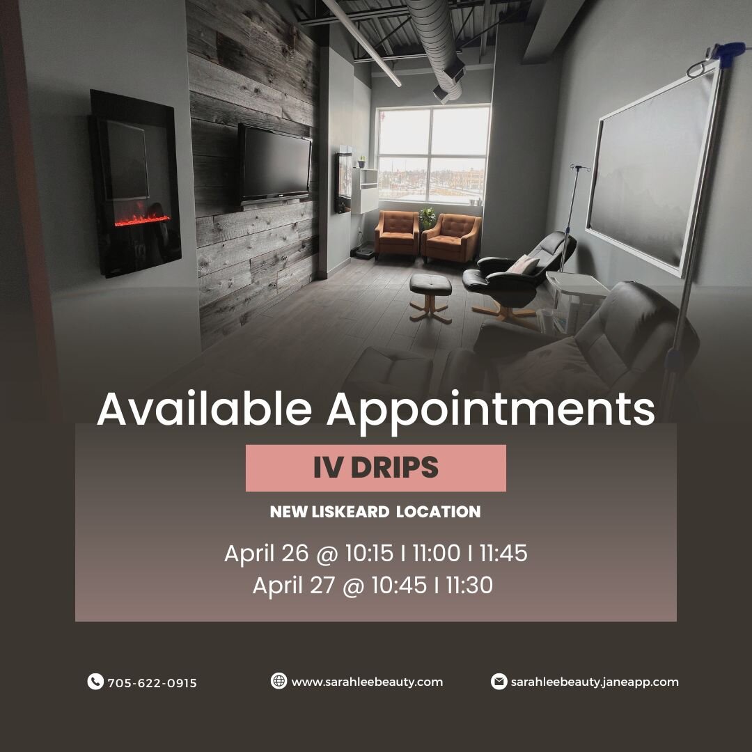Available appointments for New Liskeard IV Drips!

Book now as appointments are limited.

💧 IV Drips I Energy I Boost I High Vitamin C I
Radiance
💰 Cost: $150-300/treatment, Packages of 3 available
with savings.
📍 New Liskeard, ON.
📍 Collingwood,