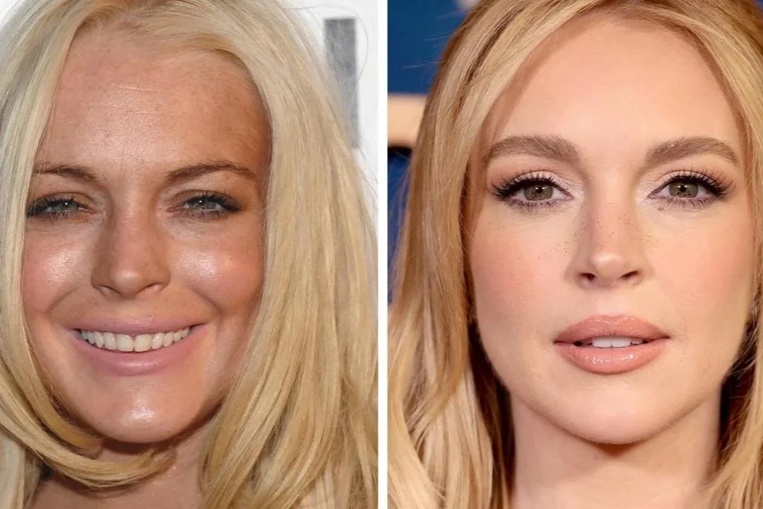 Side-by-side comparison of a woman's face before and after makeup, showing enhanced features in the after image with makeup application.