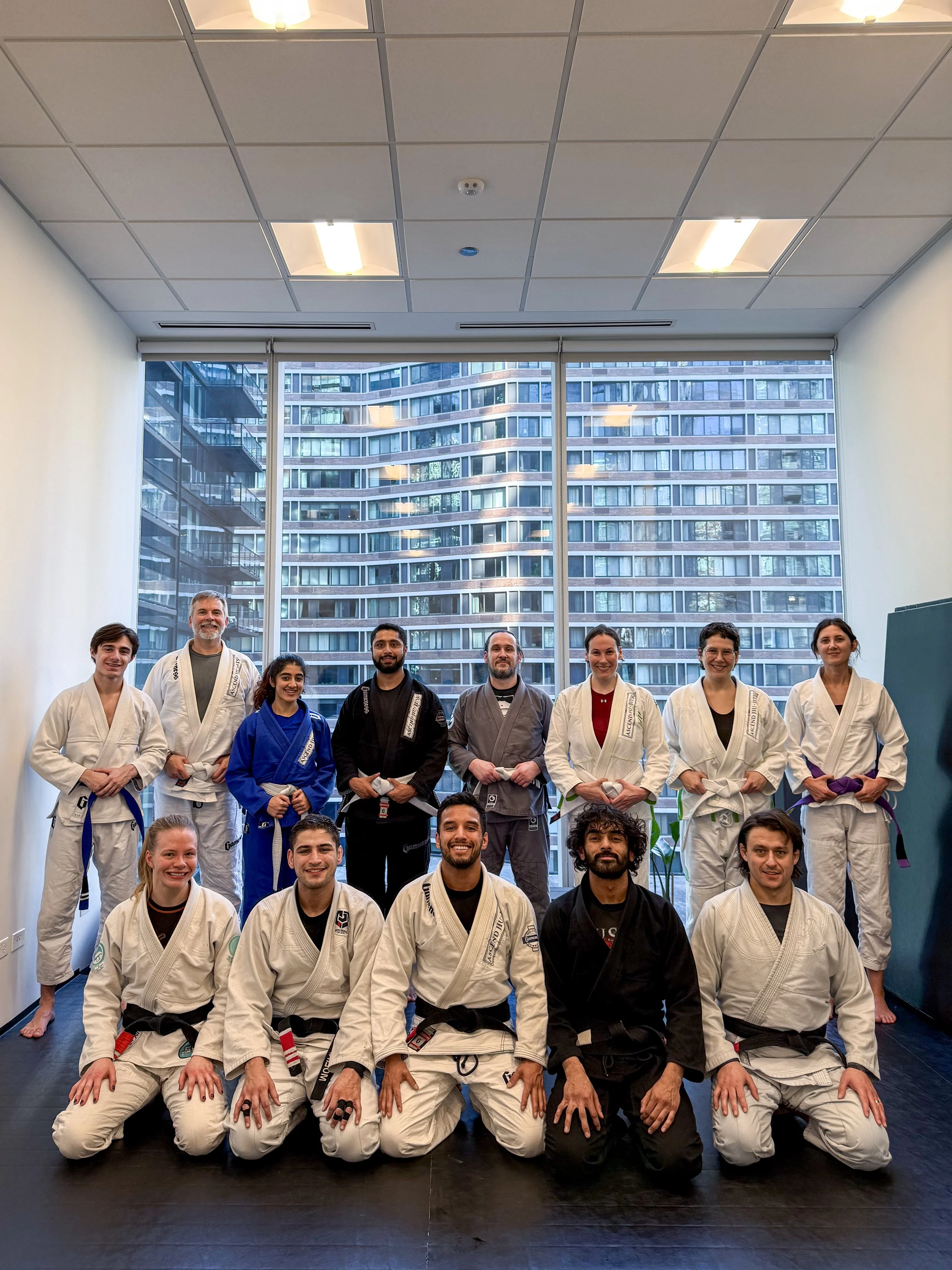 Group of 12 people in martial arts uniforms posing on black mats in a dojo with large windows and a cityscape view.
