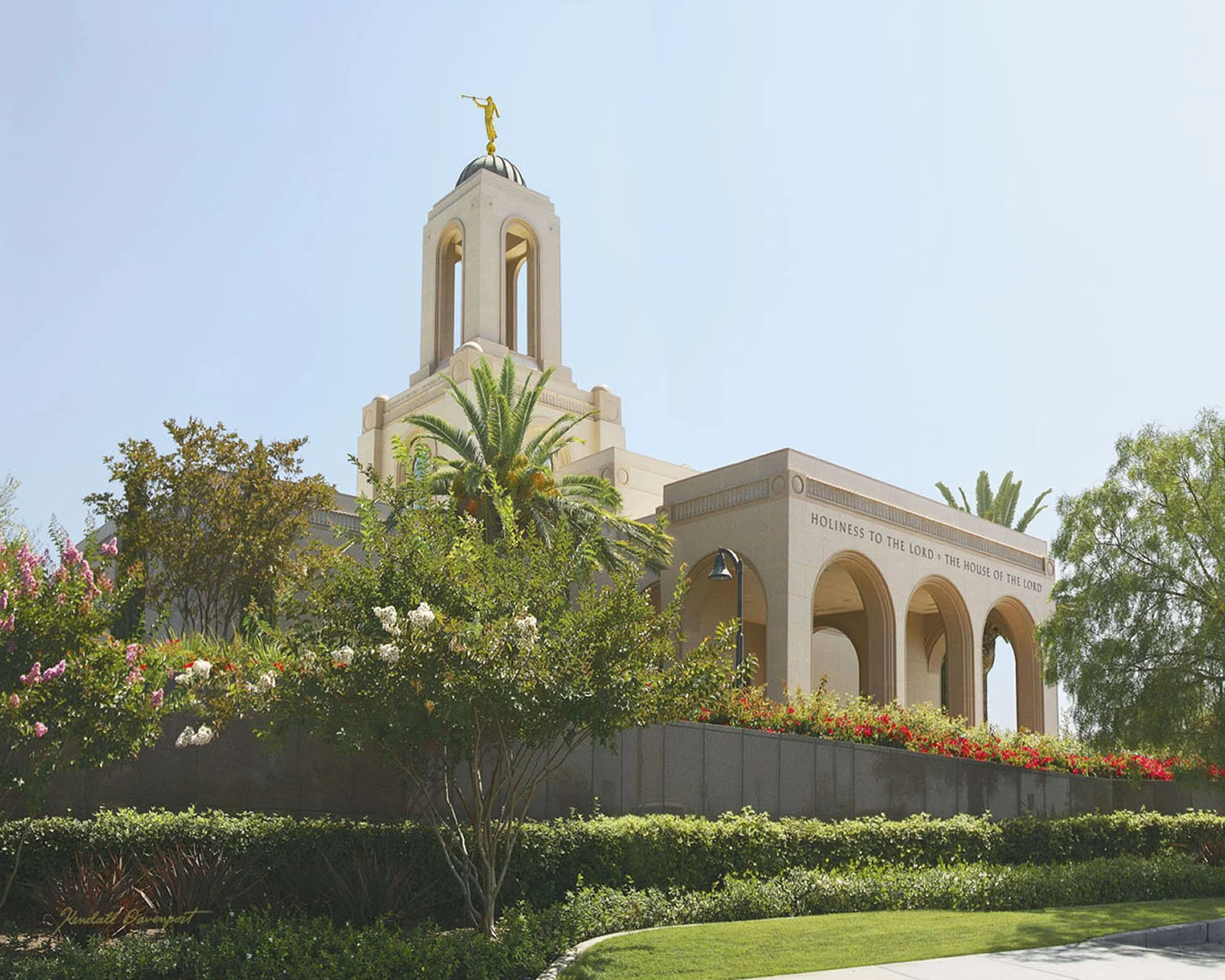 Alt= "Original painting of the Newport Beach, CA Temple by Kendall Davenport"