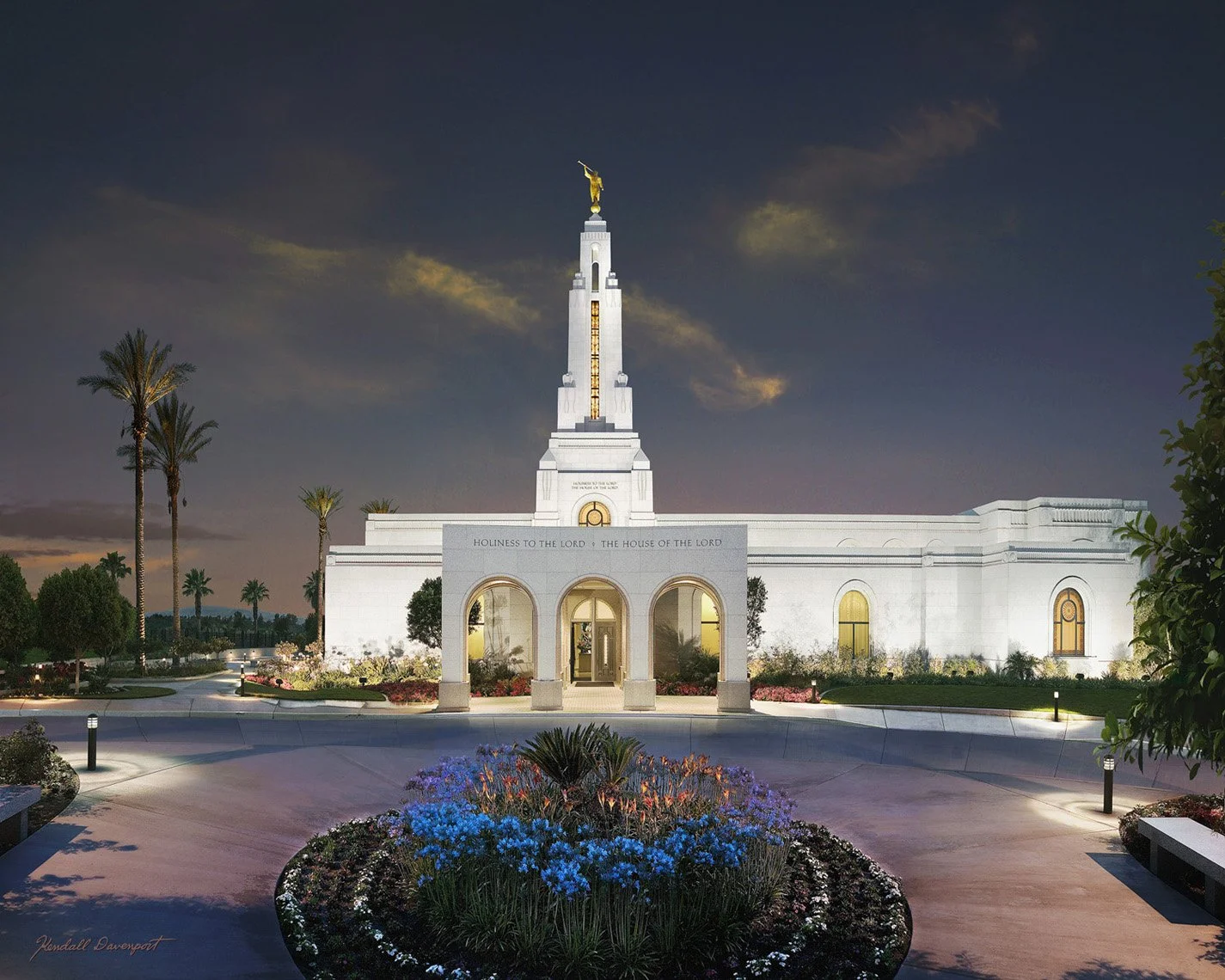 Alt= "Original painting of the Redland, CA Temple by Kendall Davenport"