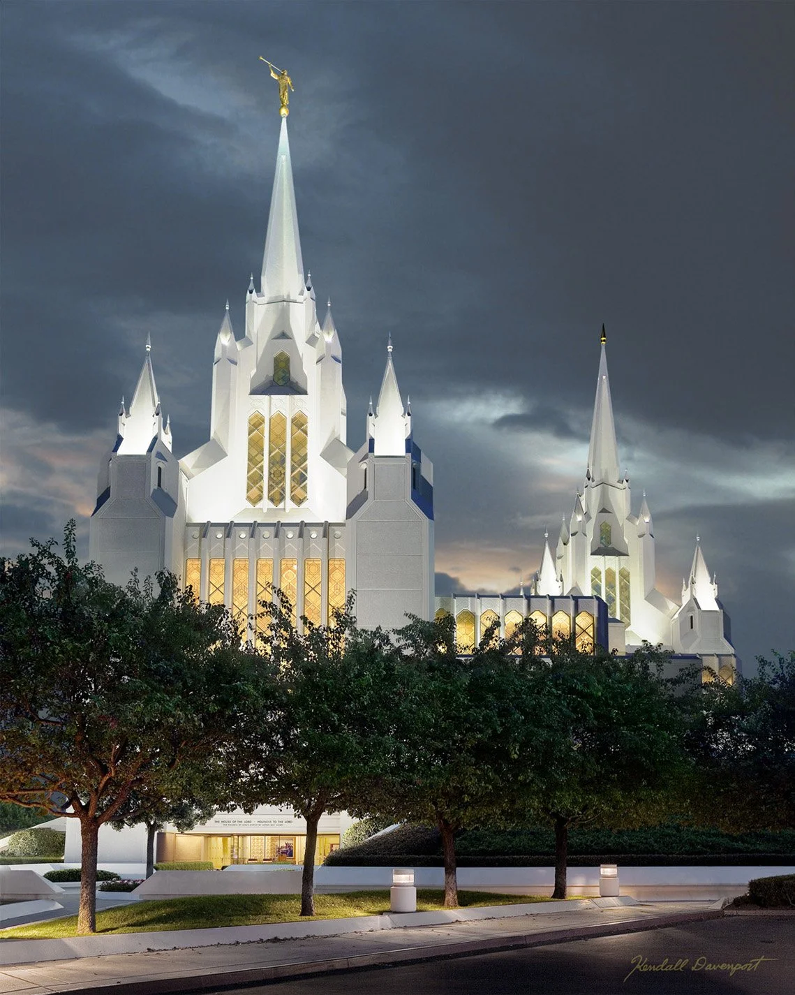 Alt= "Original painting of the San Diego, CA Temple by Kendall Davenport"