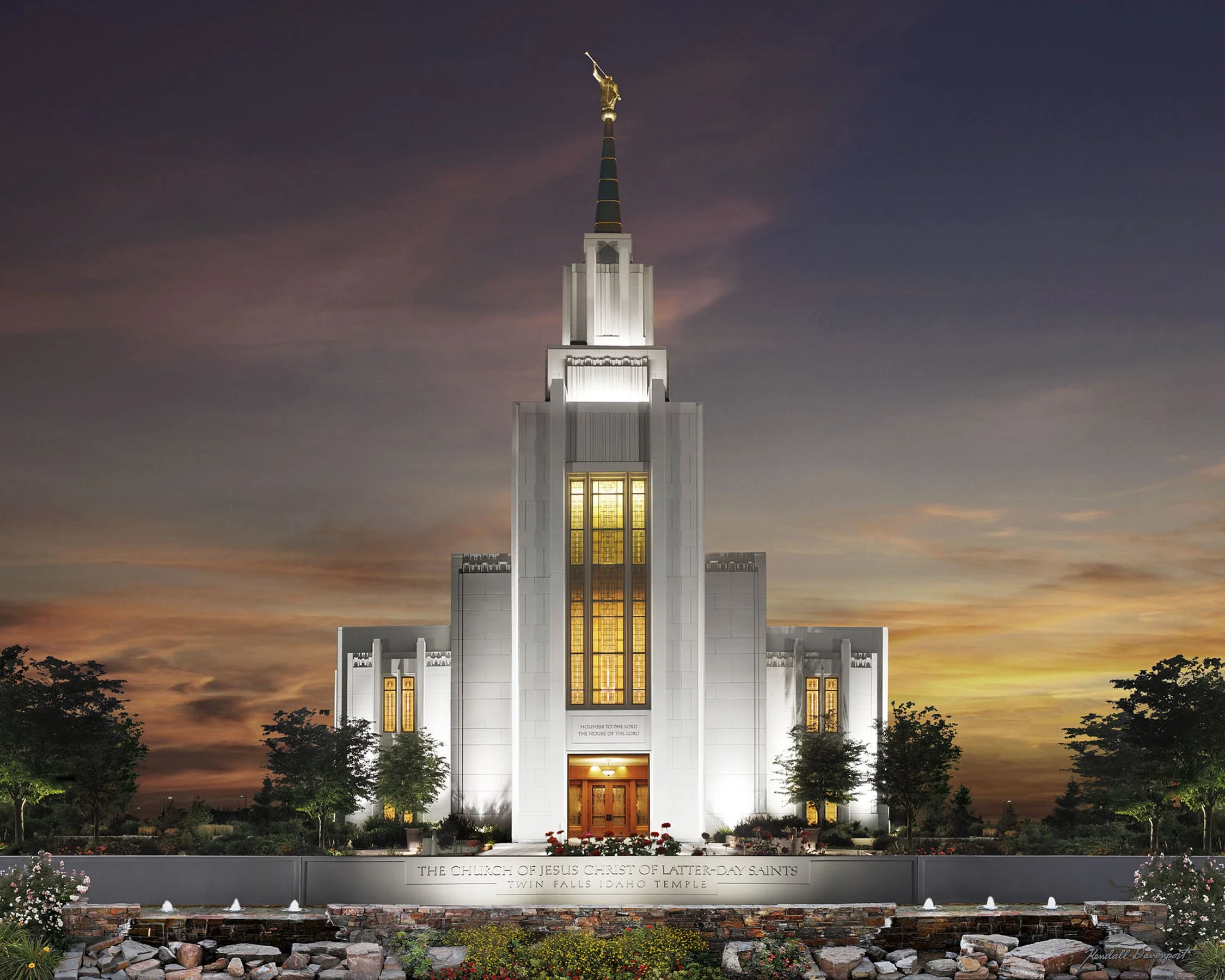 Alt= "Original painting of the Twin Falls, ID Temple by Kendall Davenport"
