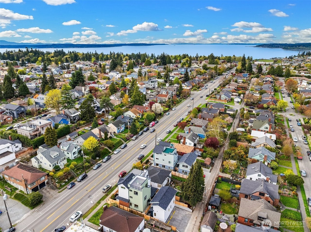 Aerial view of a suburban neighborhood with houses, trees, and streets, situated near a body of water on a clear day.