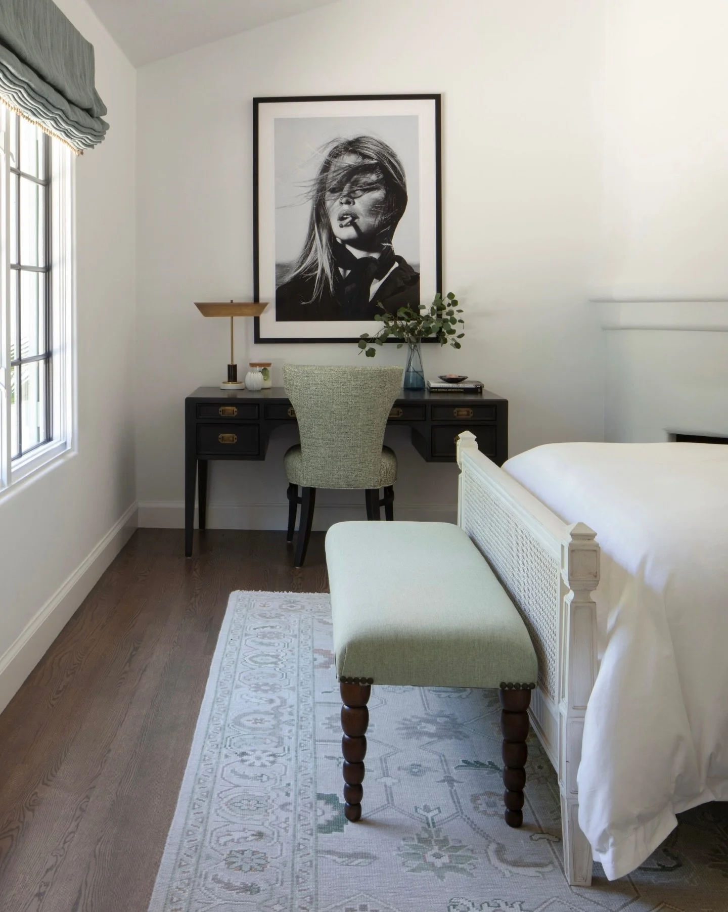 December always feels like a good season for greens. At our Casa J&rsquo;s project, soft muted tones of greens, along with dark wood accents, added just the right amount of interest to this light filled secondary bedroom. Of course, Brigitte Bardot s