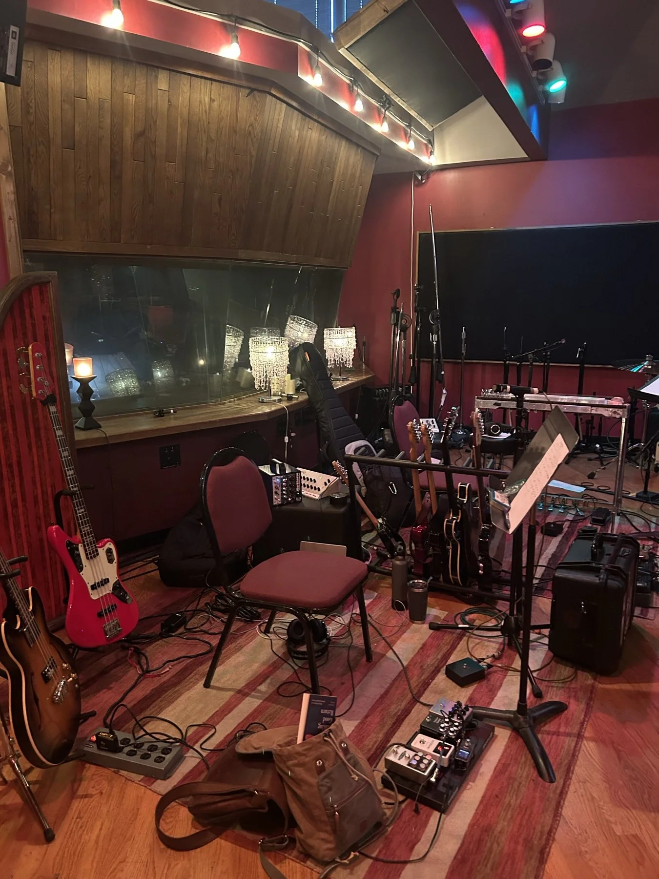 A Nashville recording room set up with instruments and microphones