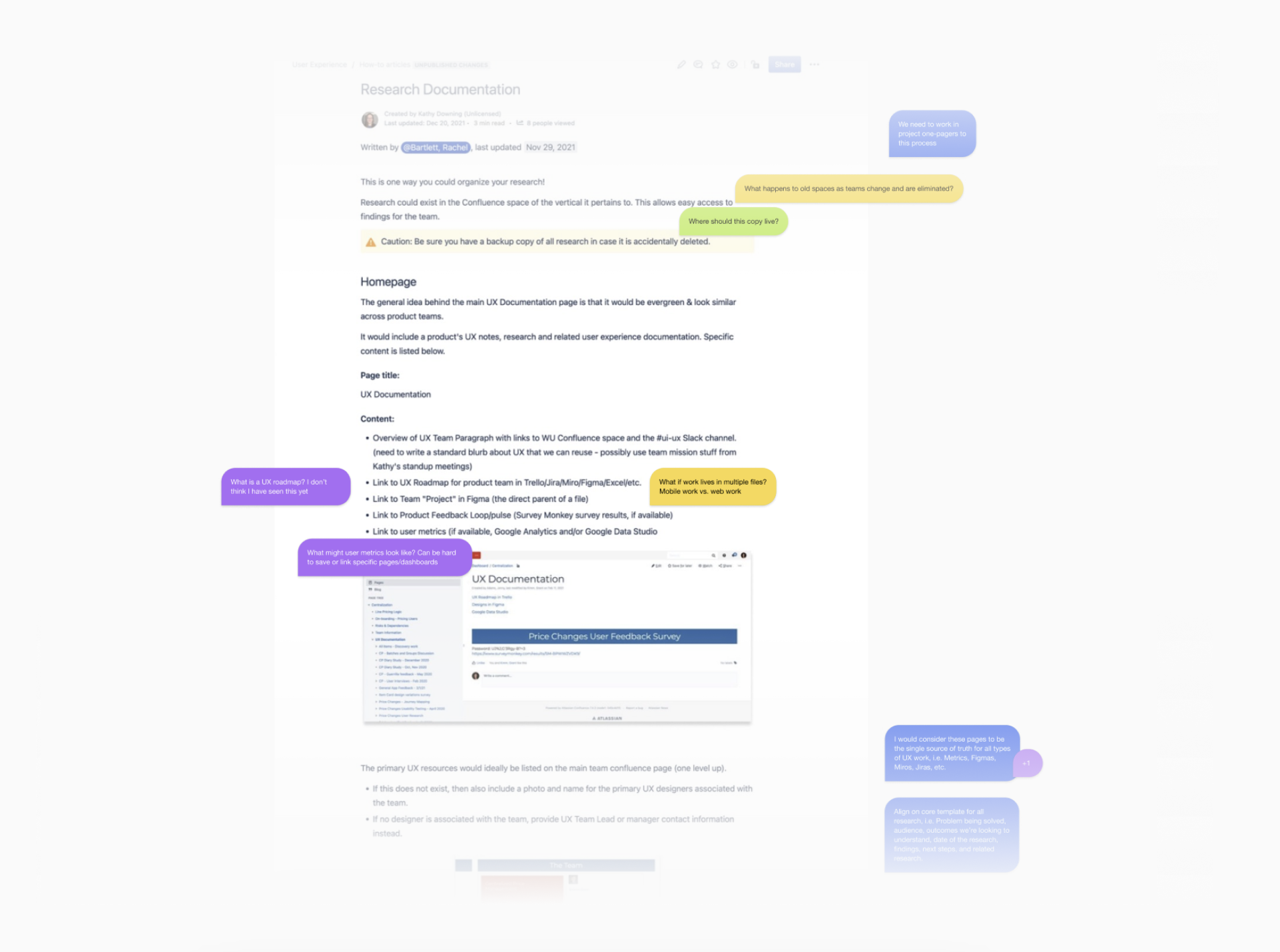 A screenshot of a research documentation webpage with various colored sticky note comments scattered across the page discussing UX research topics.