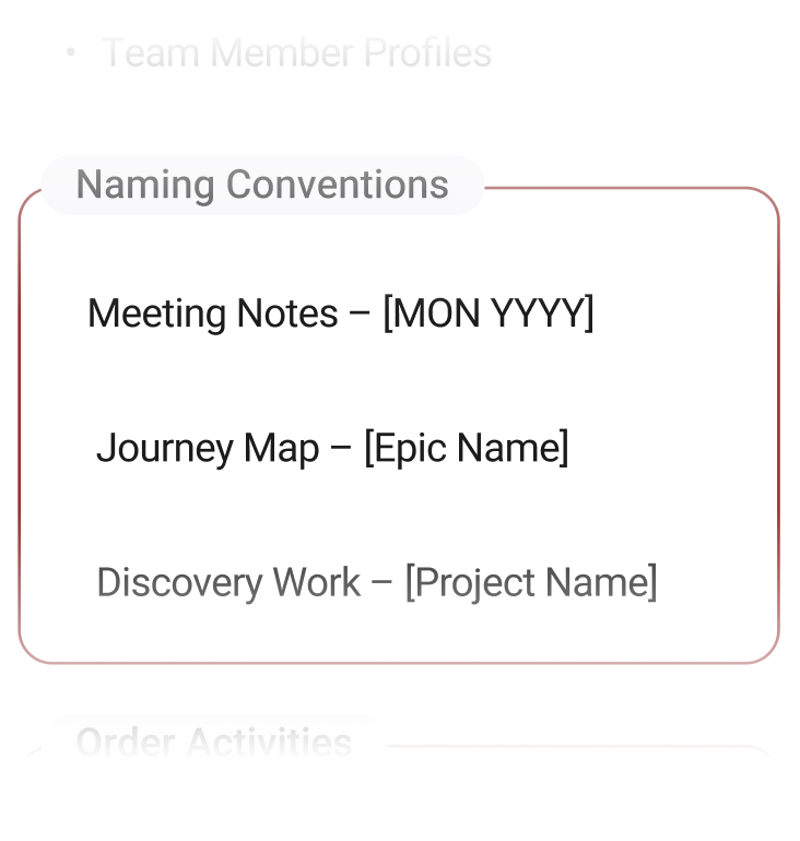 Screenshot of a presentation slide with the title 'Naming Conventions'. It lists three items: 'Meeting Notes - [MON YYYY]', 'Journey Map - [Epic Name]', and 'Discovery Work - [Project Name]'.