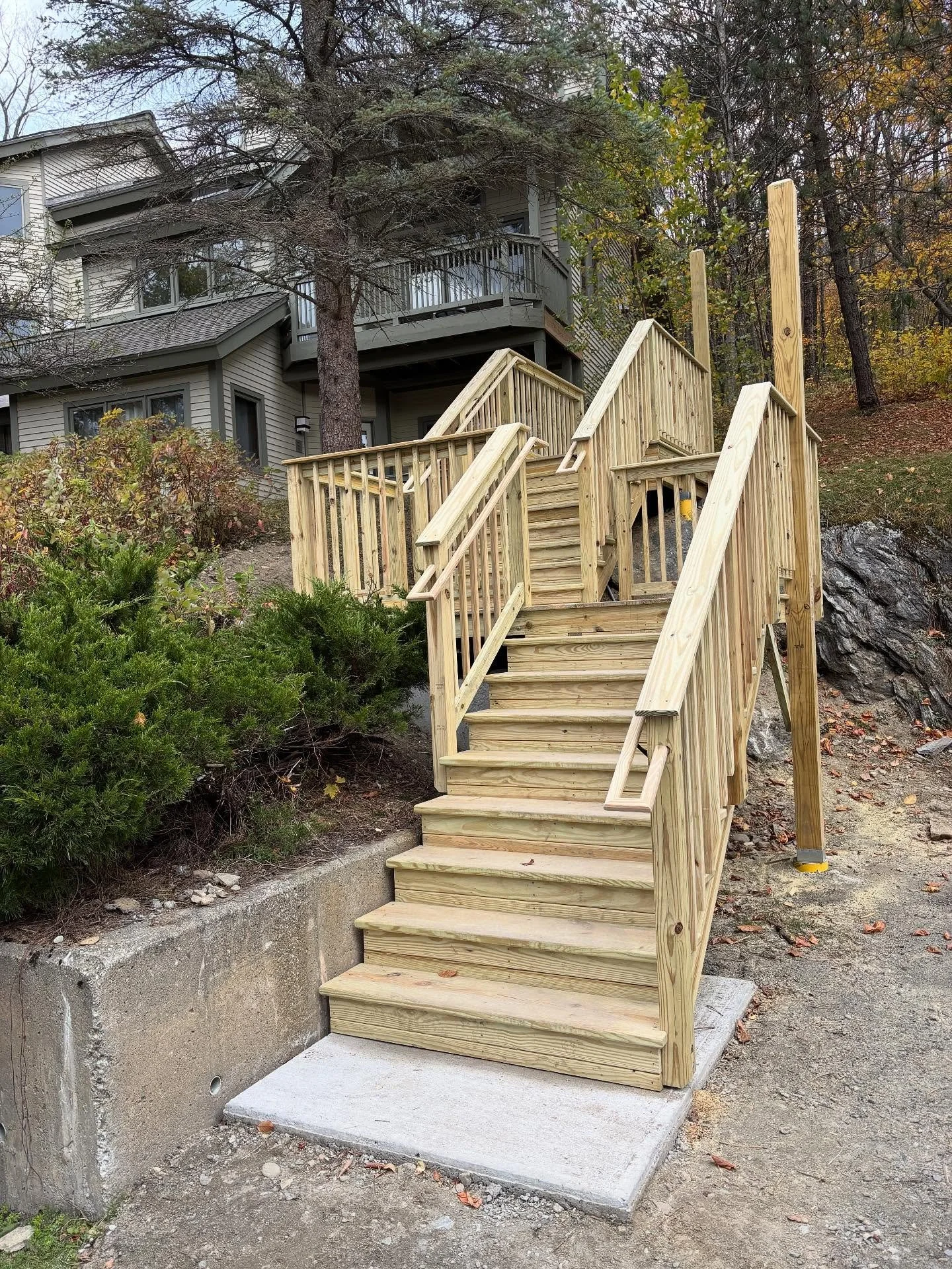 The Otters completed a couple of solid staircases for the Bear Run Townhouses from October 1st to October 15th. We demolished the existing stair sets, poured concrete footings and concrete pads to keep our wood away from direct ground contact, and as