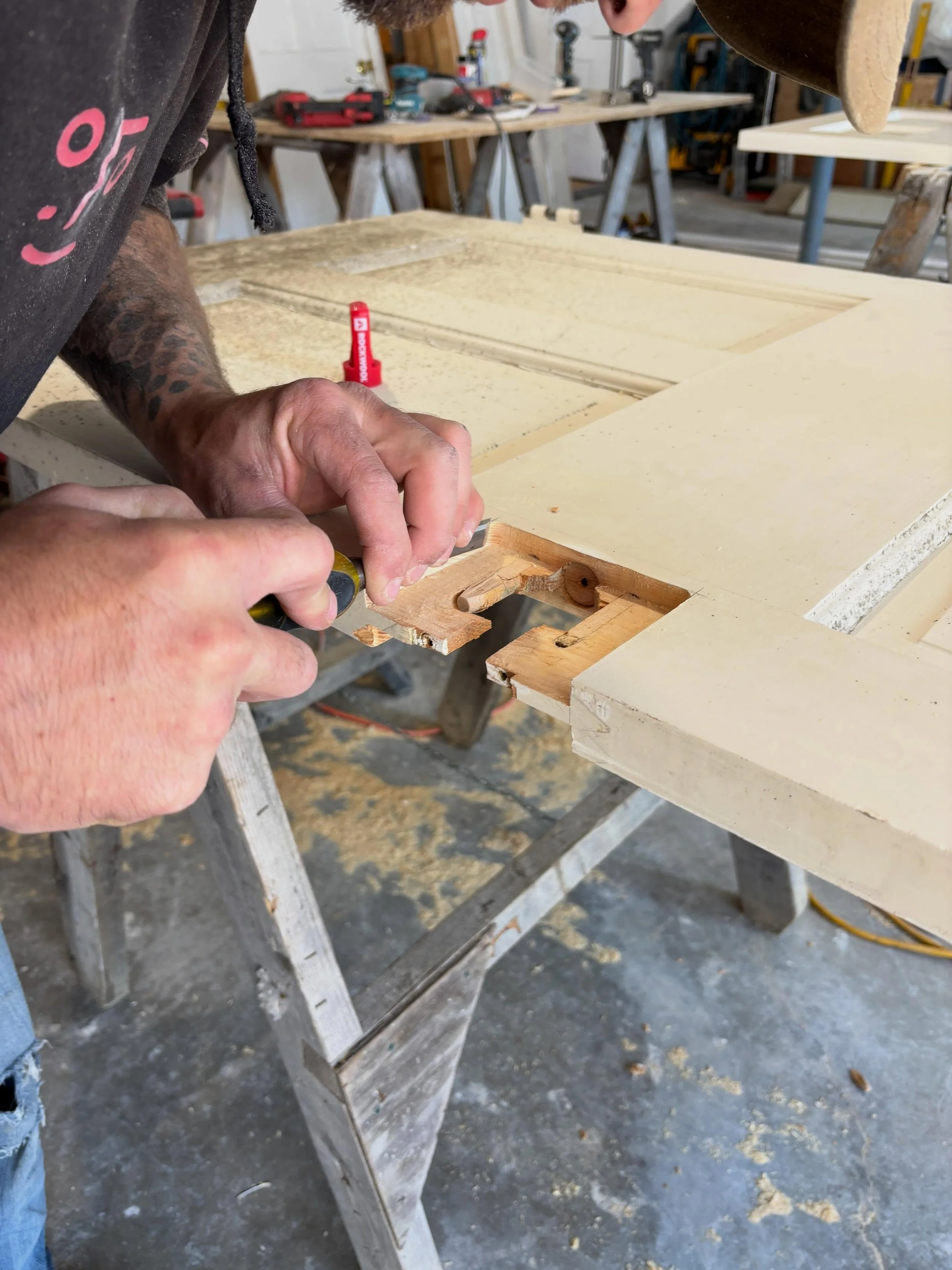 We&rsquo;ve reclaimed many of the old doors from 1952 in the new layout of this upstairs apartment on High Acres Farm. Eight of the old doors will be refitted with new non-standard hardware, meaning the old knob holes needed to be patched using a &ld