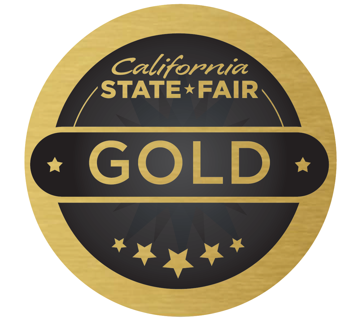 Gold medal or badge from the California State Fair with text 'California State Fair' at the top, 'GOLD' in the center, and decorative stars around it.