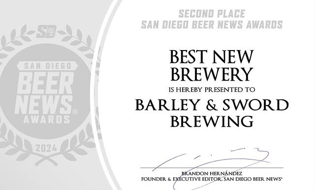 Certificate of second place at the San Diego Beer News Awards for Best New Brewery awarded to barley & sword brewing, signed by Brandon Hernández.