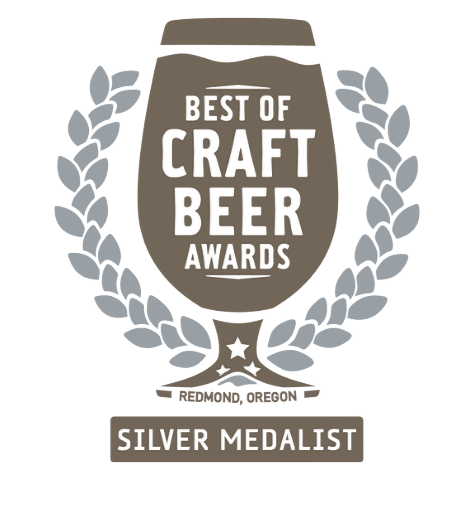 Best of Craft Beer Awards badge with a silver medal label, featuring a beer glass icon surrounded by laurel leaves, indicating the award is from Redmond, Oregon.