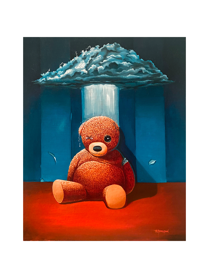 Teddy Bear being rained upon.