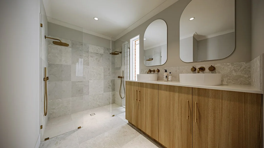 Modern bathroom with double vanity that has two vessel sinks, large mirrors, and a glass-enclosed walk-in shower with two rain showerheads.