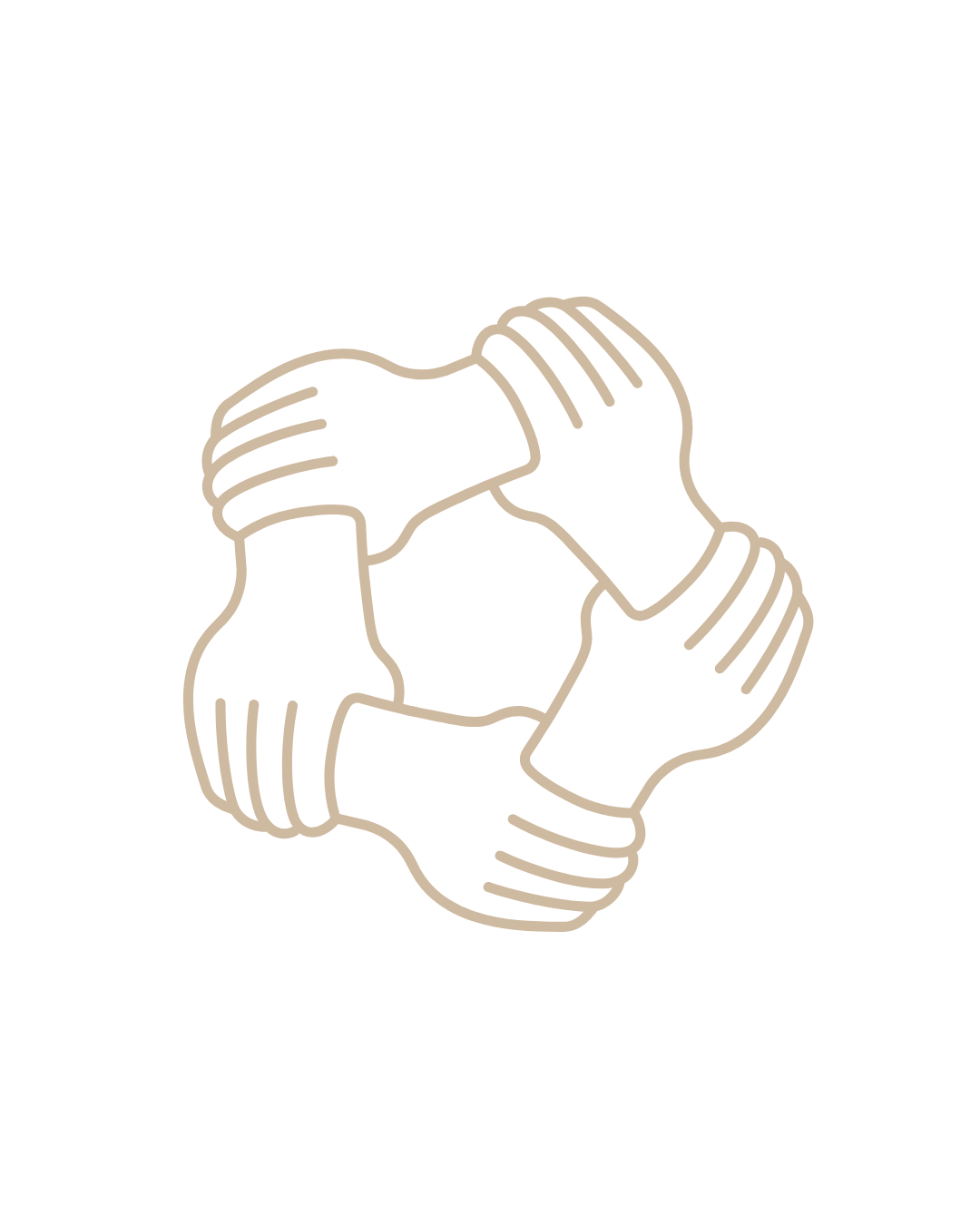 Line drawing of four hands clasped together in a square formation, symbolizing unity and teamwork.
