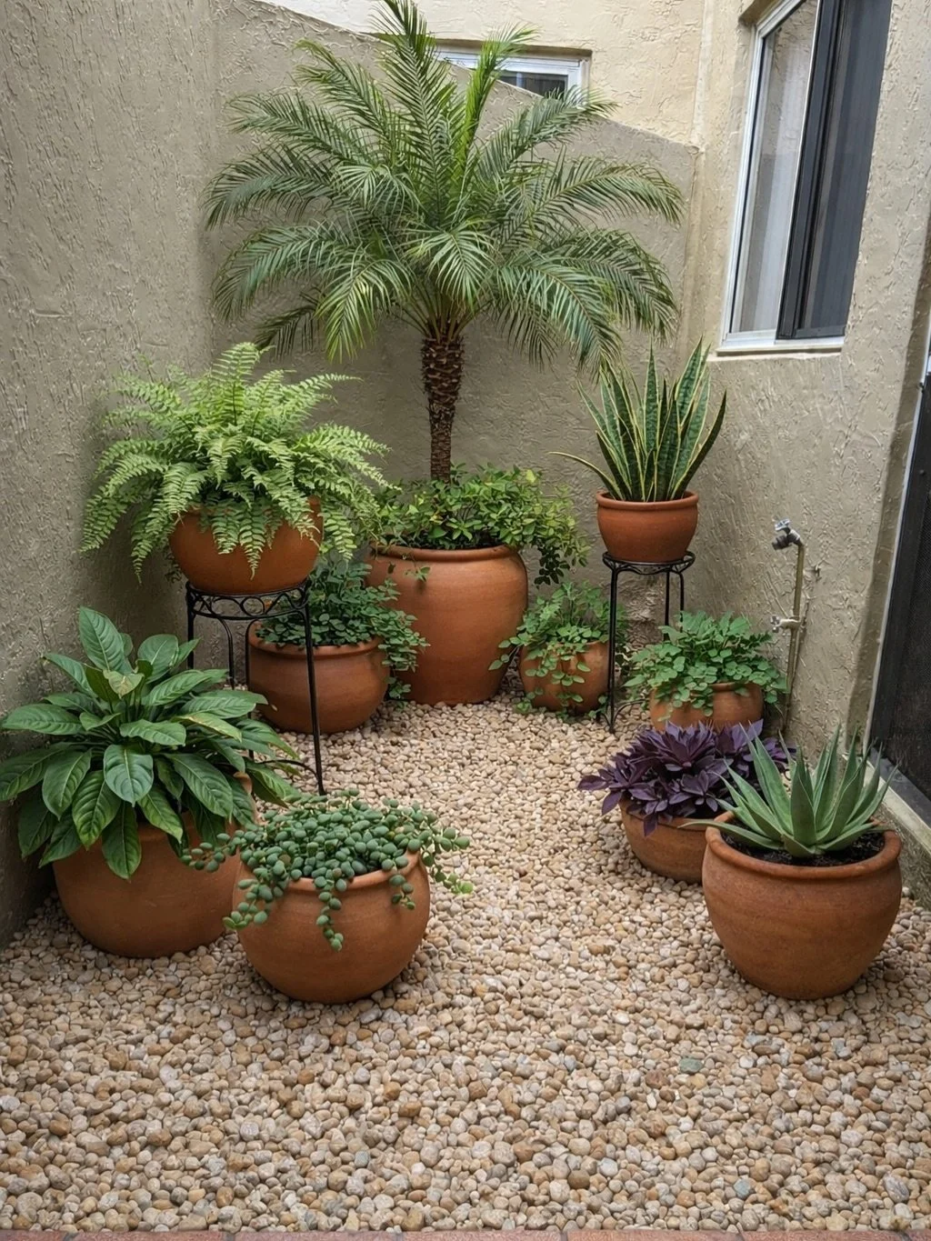 Early view of a proposed Florida outdoor space. 

The clients removed the fake plants from their outdoor garden area. We recommended leaning into the Spanish inspired architecture with a simple potted garden full of drought resistant plants that thri