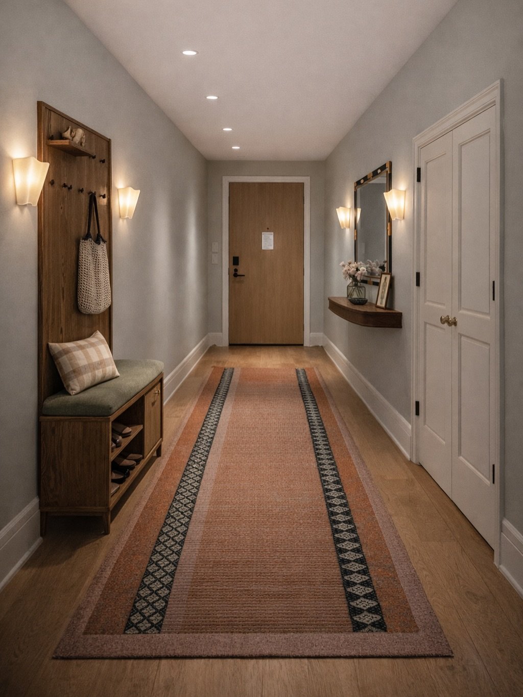 Rendering of an entry I recently designed. It ties in the colors and architecture (fluted paneling) repeated throughout the home. I found these great kilim rugs at K2 Interiors in Asheville that inspired the rug. Welcoming and meant to feel collected