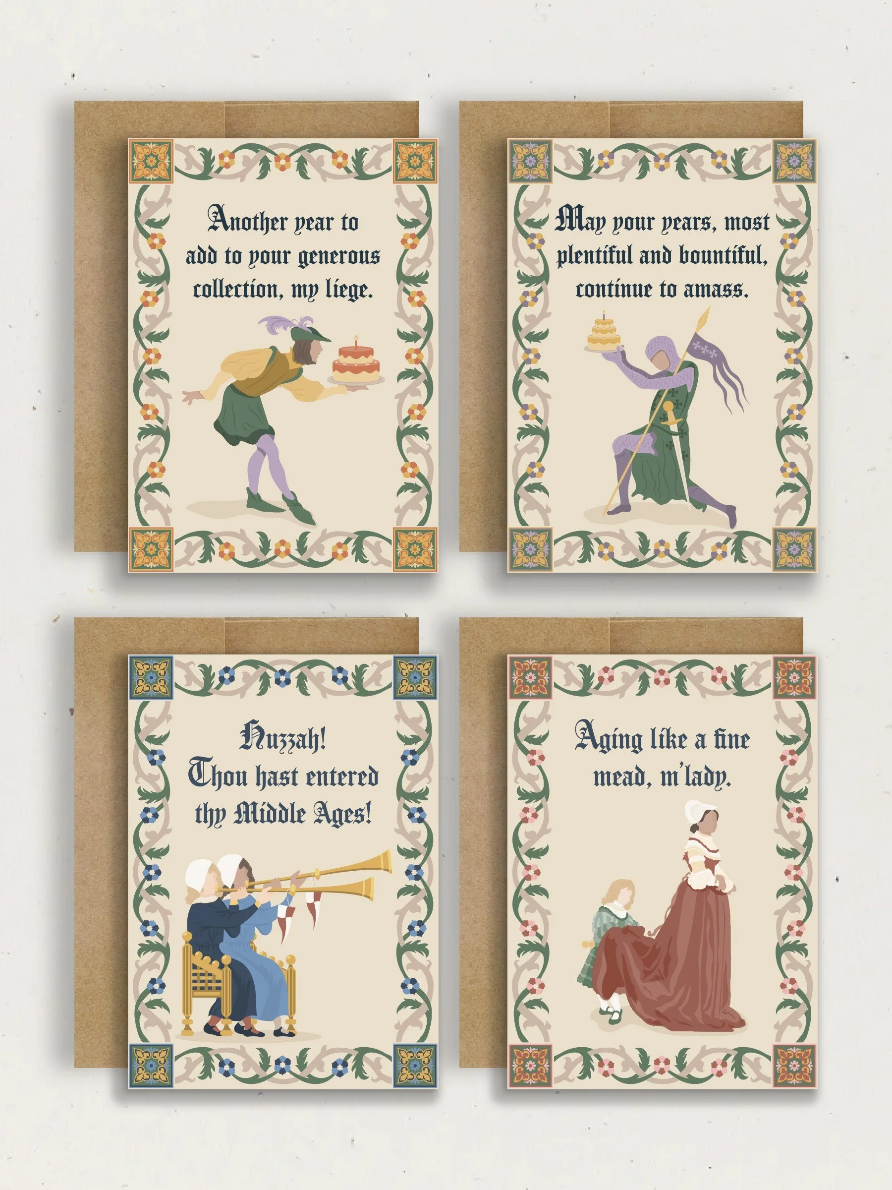 Set of four vintage-style greeting cards with medieval illustrations and humorous messages. The cards feature decorative borders, and each depicts characters in medieval attire with humorous birthday or age-related messages.