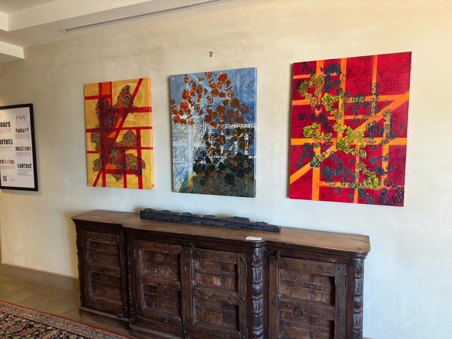 Seven new paintings hanging at the Drury Plaza Hotel. (And one that was already there.) Hanging in the main lobby- stop in and take a peek!  Thank you Bobby Beals &amp; Palace Avenue Arts!!