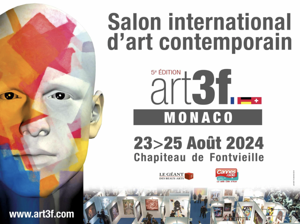 Poster for art3f Monaco art fair, August 23-25, 2024, at Chapiteau de Fontvieille, featuring colorful abstract face art and images of the exhibition space.