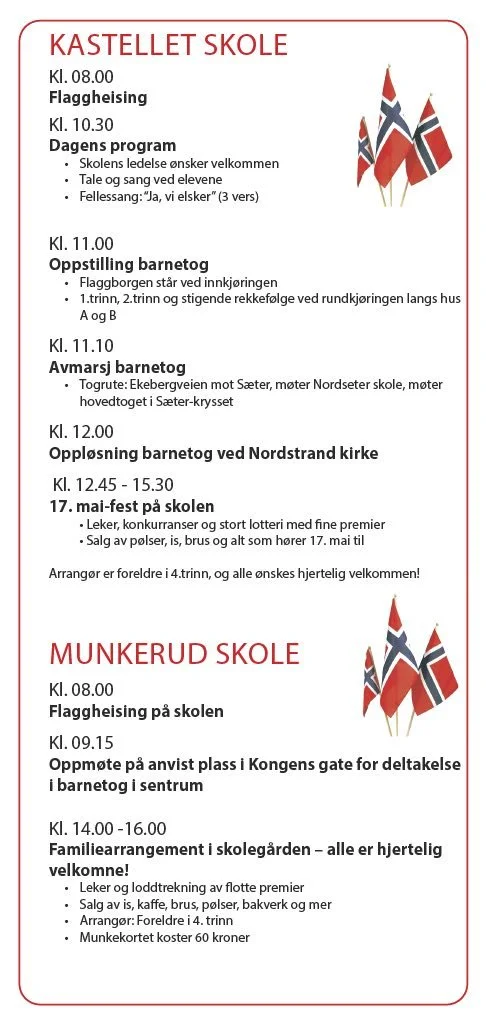 Schedule of events for Kastellet and Munkerud schools, including flag-raising, children's programs, a May 17 celebration, and family activities, with Norwegian flags in the corners.