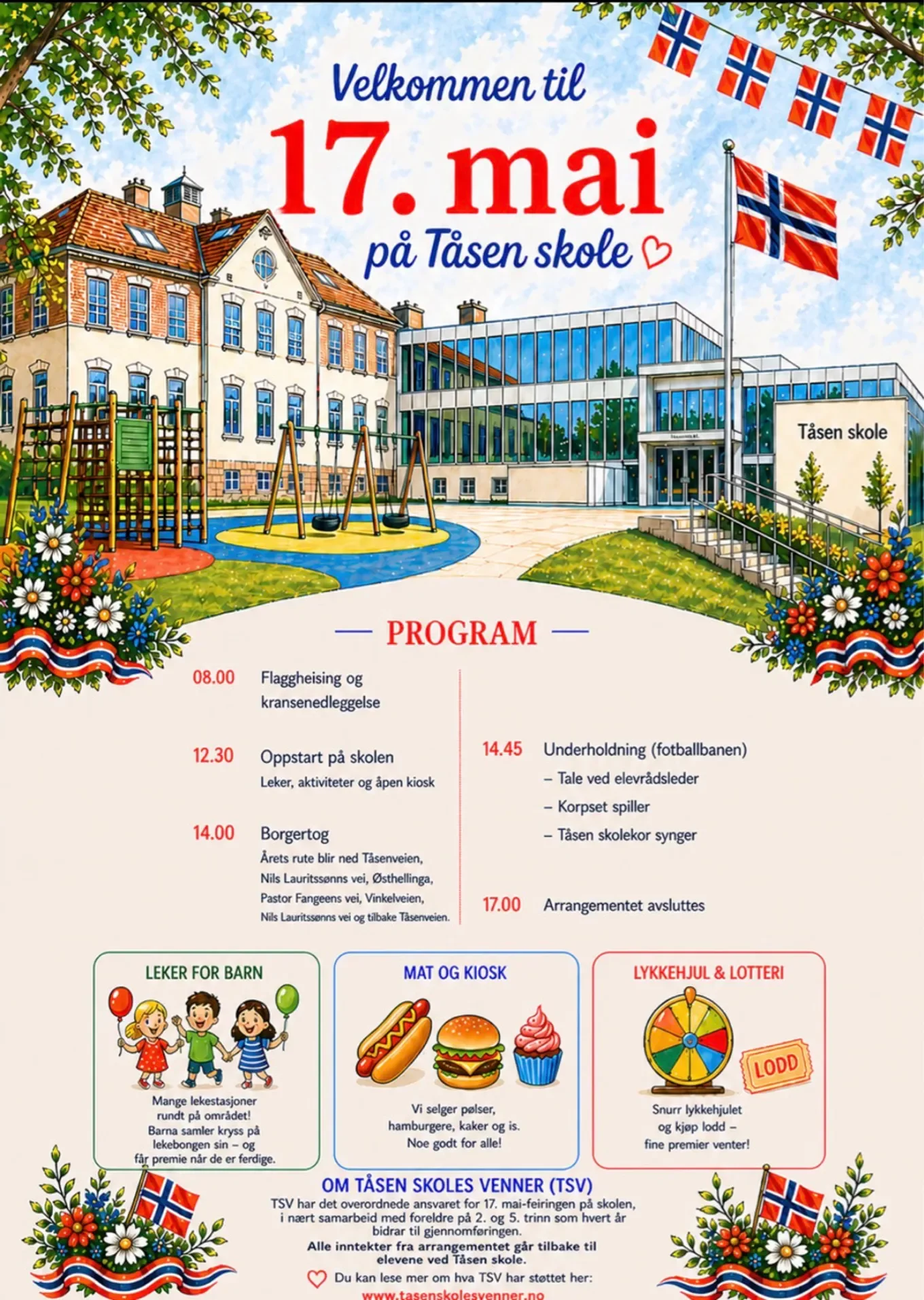 Event poster for a celebration on May 17th at Tåsen school, Norway. Features a digital illustration of the school building, flags, and a playground, with event schedule and activities listed in Norwegian.