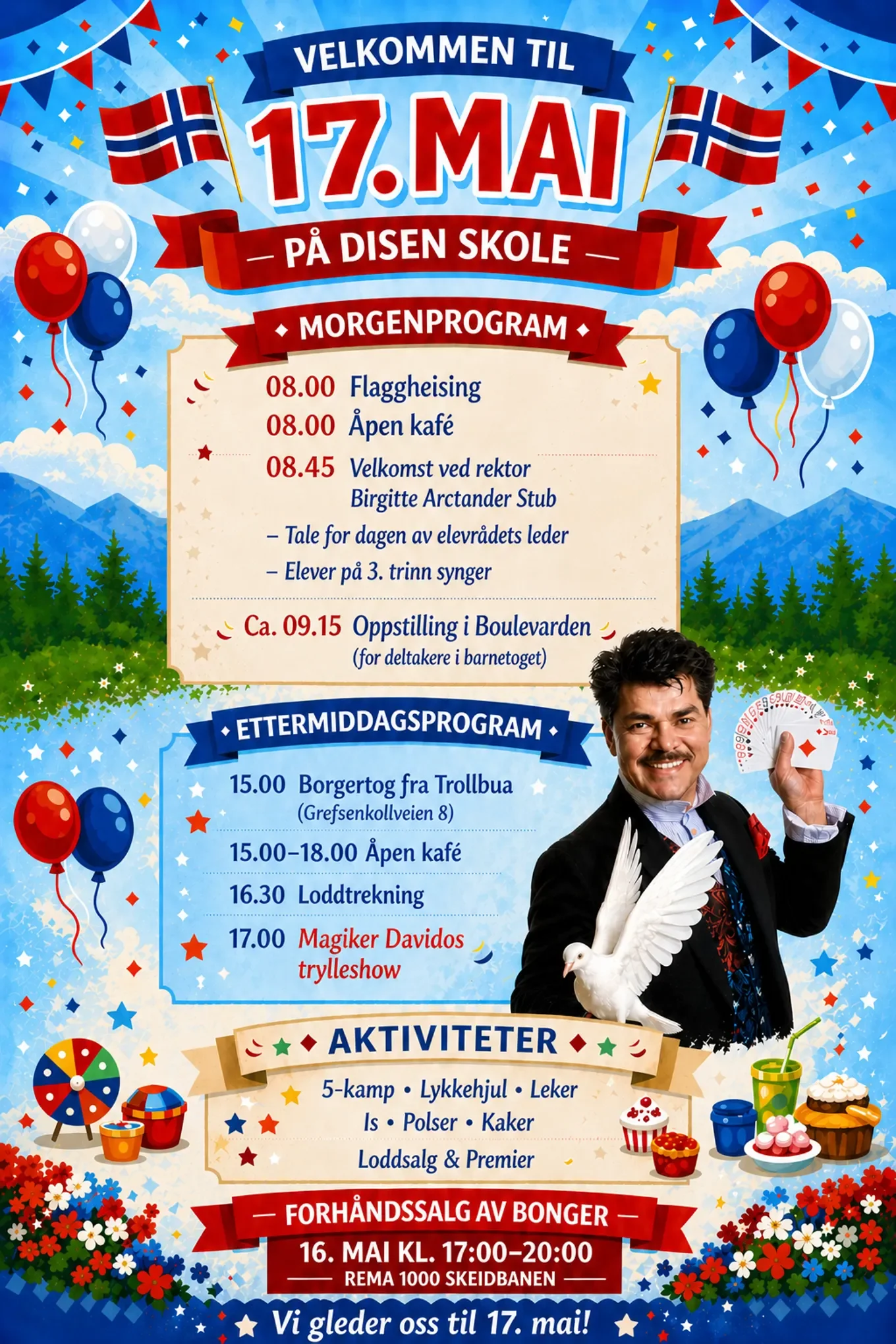 A colorful event poster with Norwegian flags, balloons, and confetti announces a celebration on May 17th at Disen School, featuring a morning program, activities, and a pre-sale of buns on May 16th at Rema 1000 Skeidbanen.