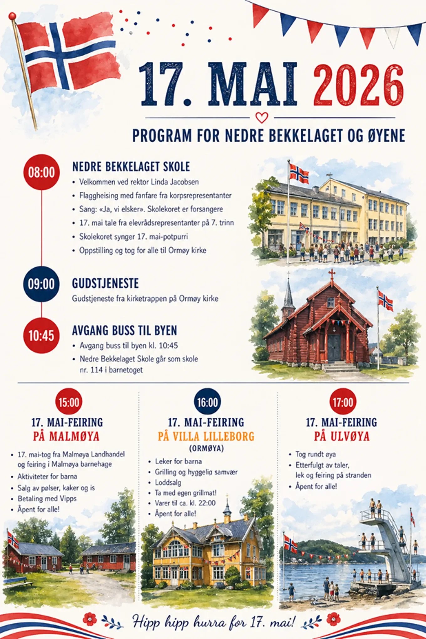 Event schedule poster for May 17, 2026, celebrating Norwegian Constitution Day, with illustrations of Norwegian flags, buildings, and people participating in festivities.