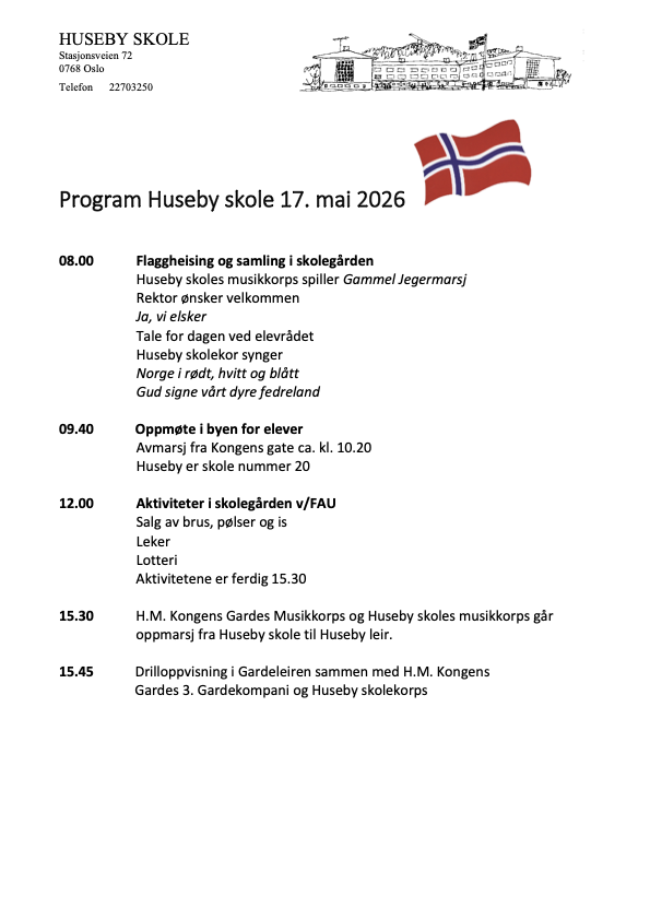 Schedule for Huseby School on May 17, 2026, including flag of Norway, outline of the school building, and details of events such as flag-raising, gathering, activities, and a march to Huseby camp.