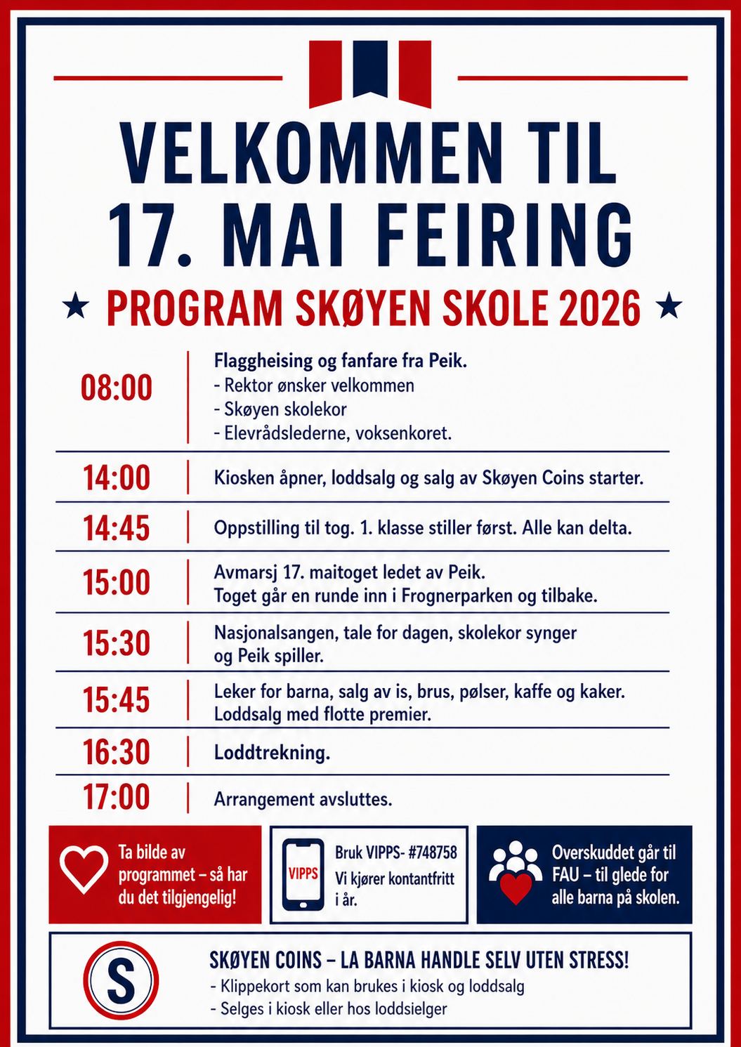 Event program for May 17th celebration at Skøyen Skole 2026, in Norwegian, with schedule including flag-raising, opening activities, parade, singing, games, and concluding at 5 pm.