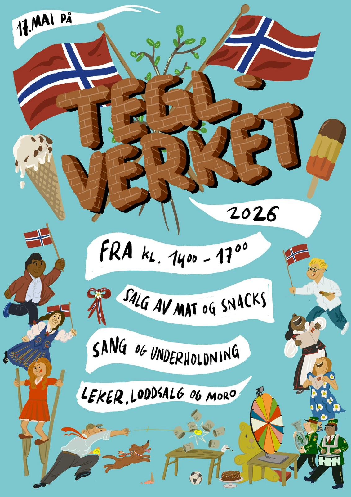 Illustration of a Norwegian celebration event featuring Norwegian flags, people in traditional clothing, and festive decorations, with text indicating the event on May 17, 2026, from 2:00 to 5:00 PM, including sale of food, snacks, singing, entertain