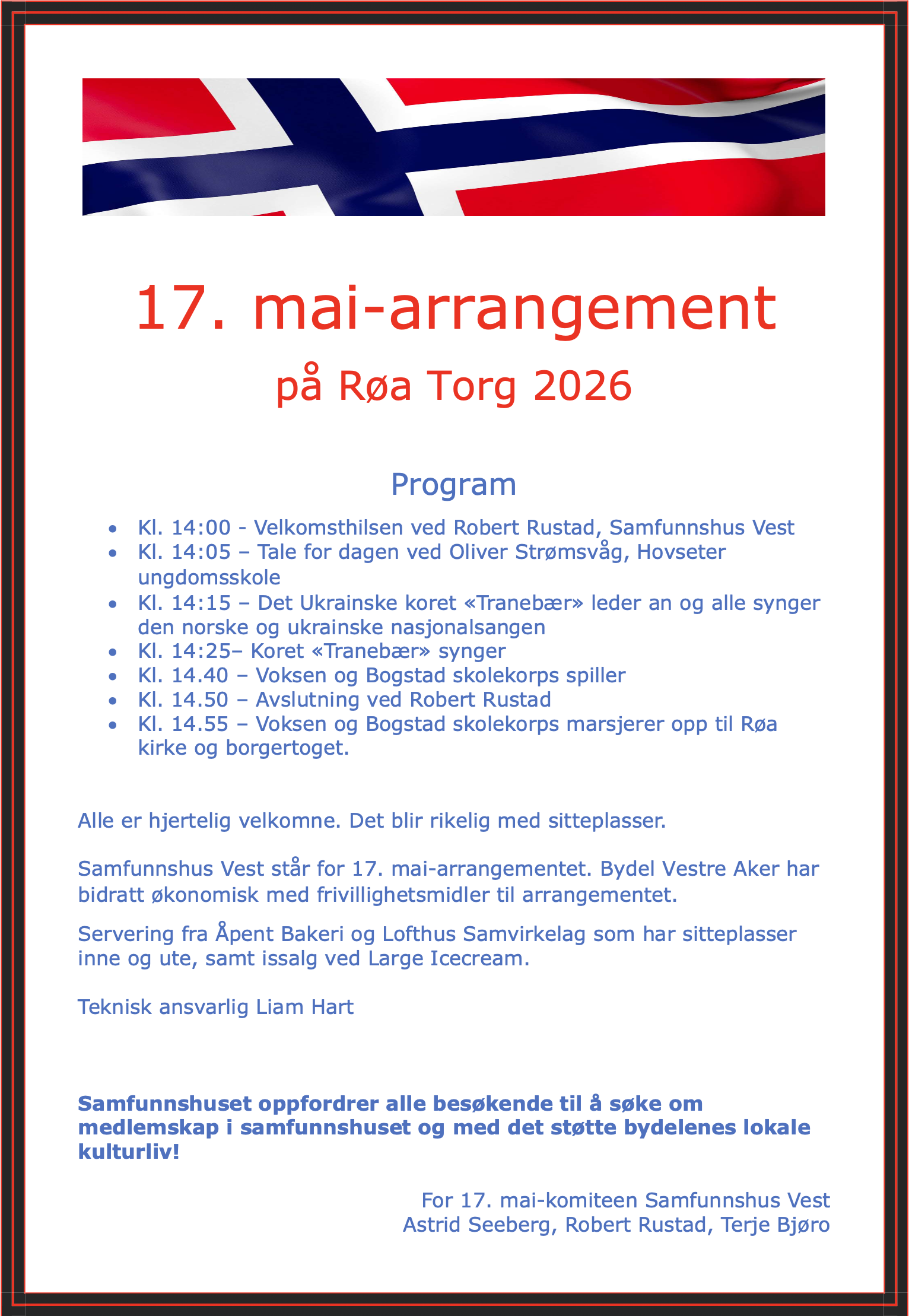 A flyer for the 17th of May celebration event at Røa Torg in 2026, featuring a Norwegian flag and event schedule in Norwegian.