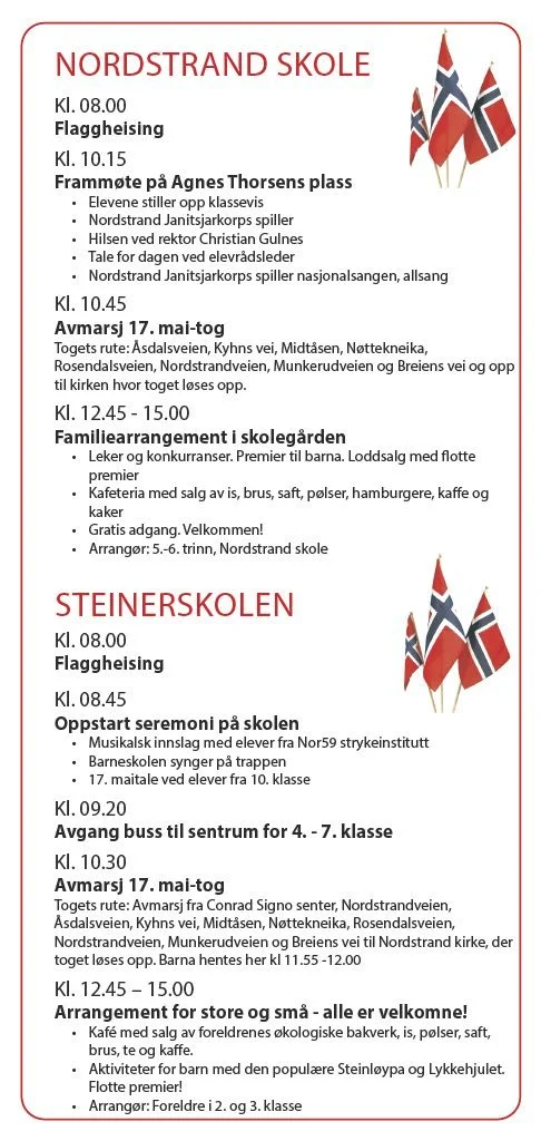 Announcement poster for Nordstrand School and Steinerskolen, detailing schedules, activities, and events with Norwegian flags.