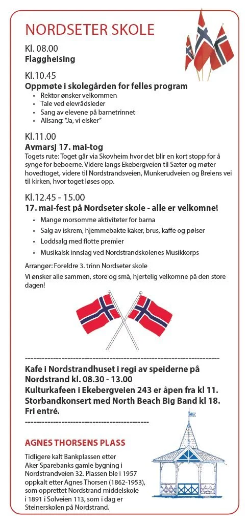 Event schedule for Nordseter Skole featuring flags of Norway and Denmark. Activities include flag raising at 8:00 AM, school gathering at 10:45 AM, a train ride at 11:00 AM, a May 17th celebration from 12:45 PM to 3:00 PM, and cultural events at Nord