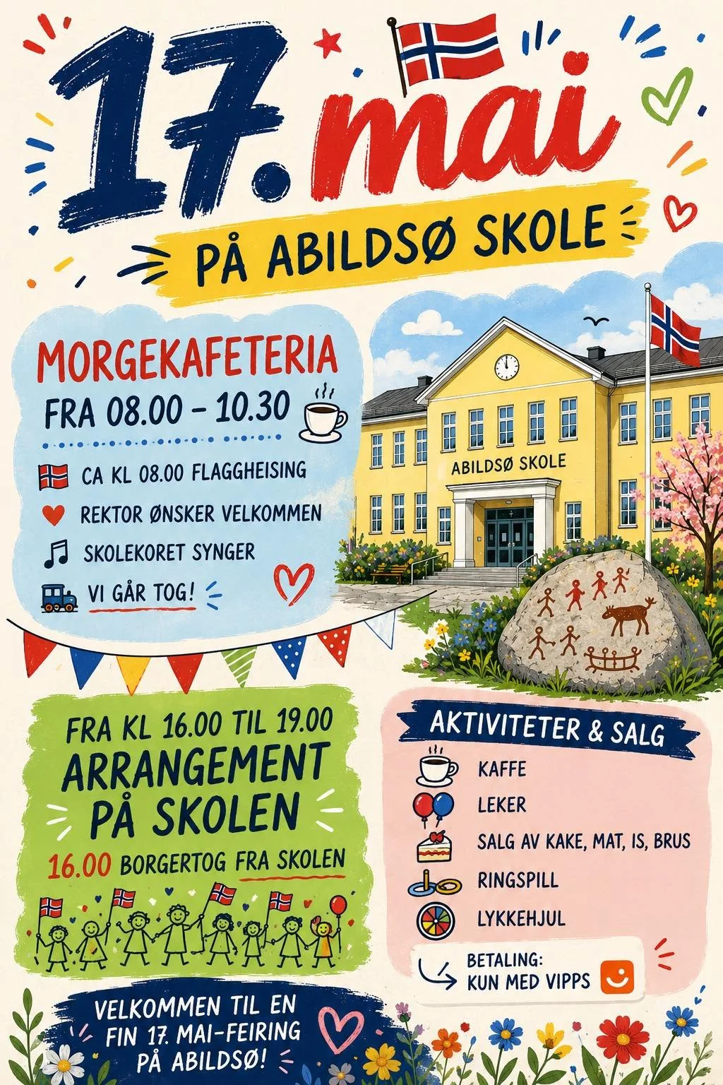 A colorful poster announcing a celebration at Abildsø School on May 17th, featuring details about activities, schedule, and festivities, with illustrations of the school building, Norwegian flags, flowers, and children.