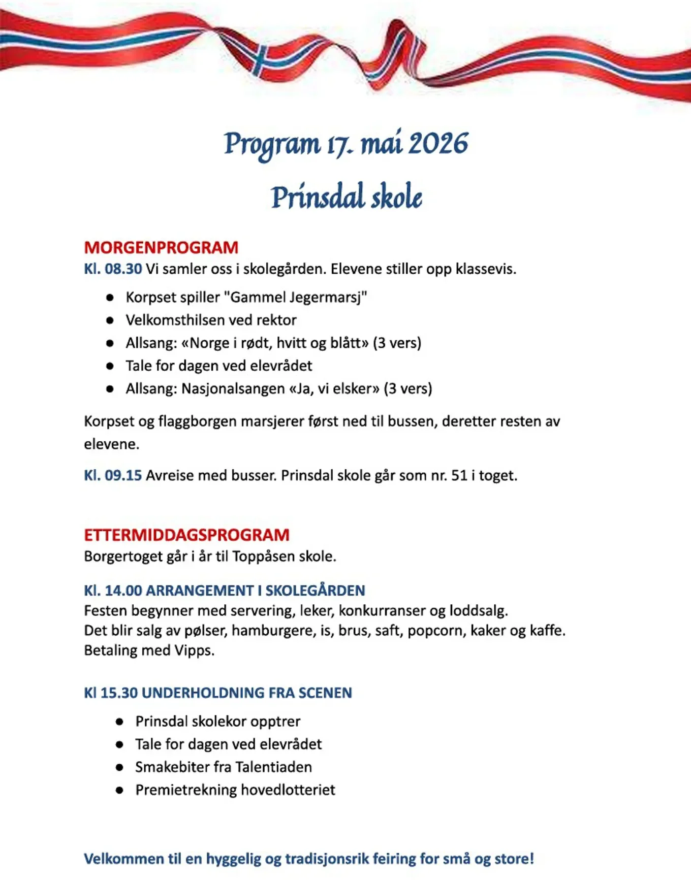 Schedule for a school event on May 17, 2026, including morning and afternoon programs with activities, speeches, singing, and celebrations.