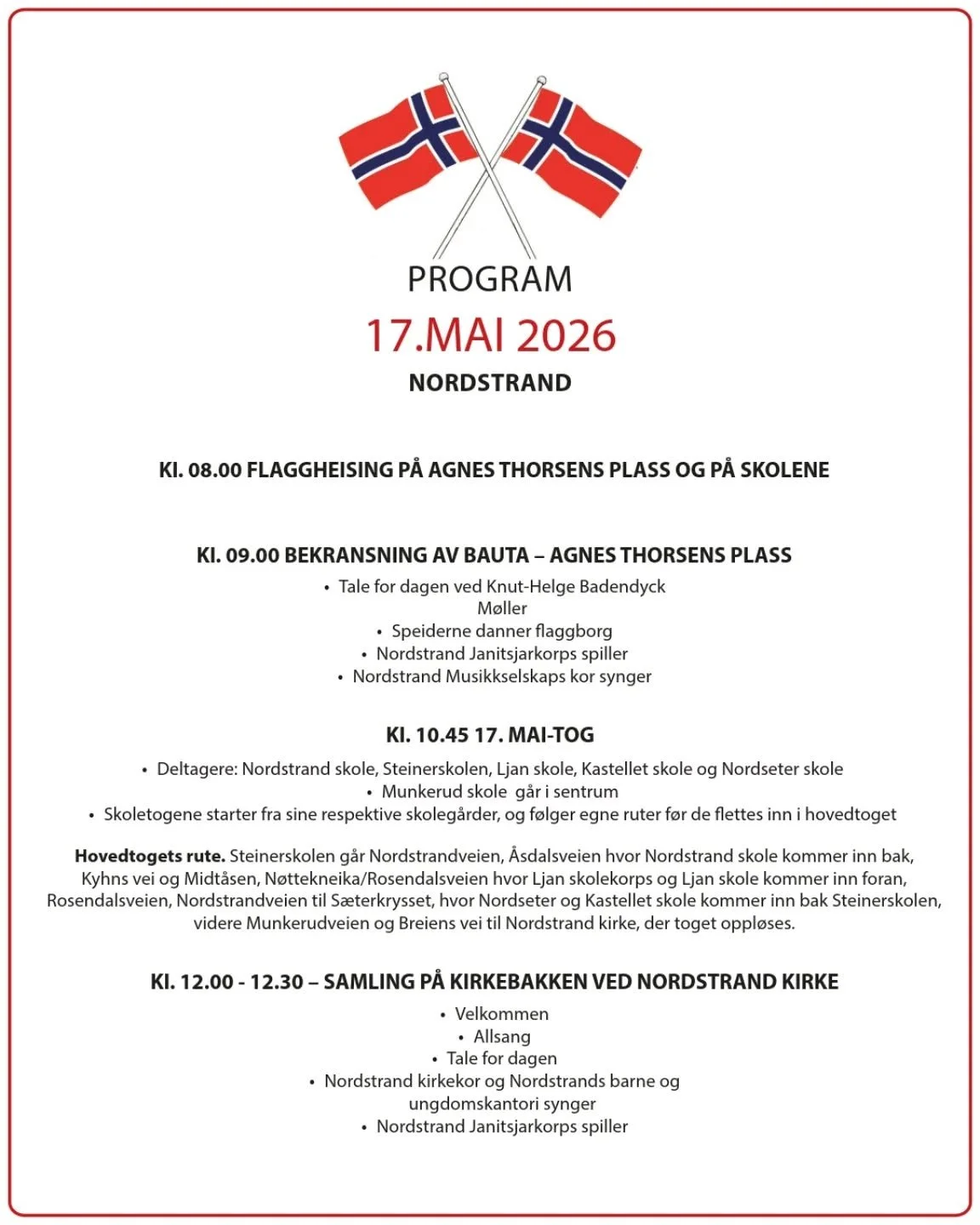 Program schedule for May 17, 2026, at Nordstrand, Norway, with flags of Norway at the top, including flag-raising at 8:00 am, a speech at 9:00 am, a train ride at 10:45 am, and a gathering at 12:00 pm at Nordstrand Church.