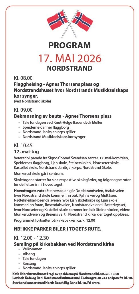 Program schedule for May 17, 2026, at Nordstrand, Norway, featuring flag icons, with events including a flag hoisting, a parade, and a community gathering, with times and descriptions in Norwegian.