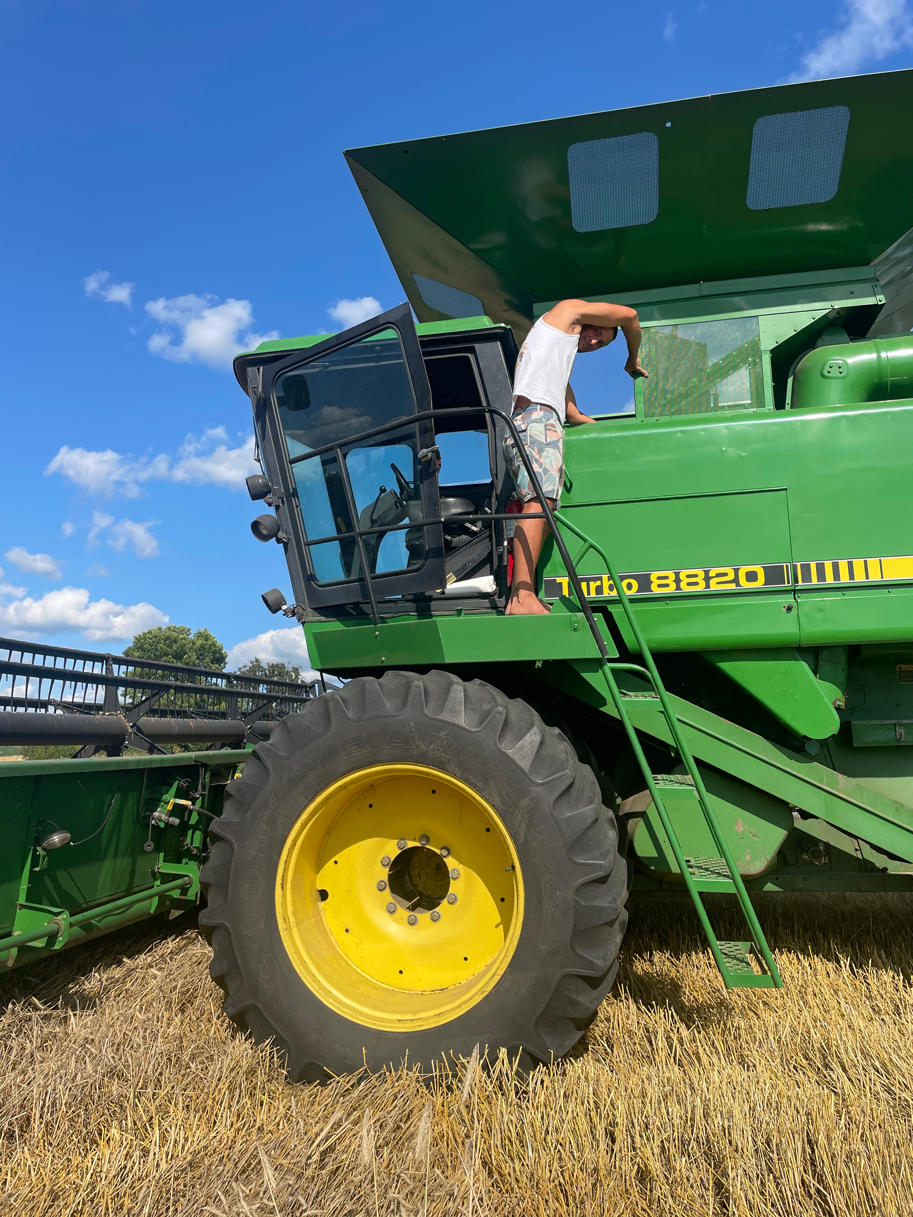 Person standing on a green agricultural combine harvester in a wheat field under a blue sky.