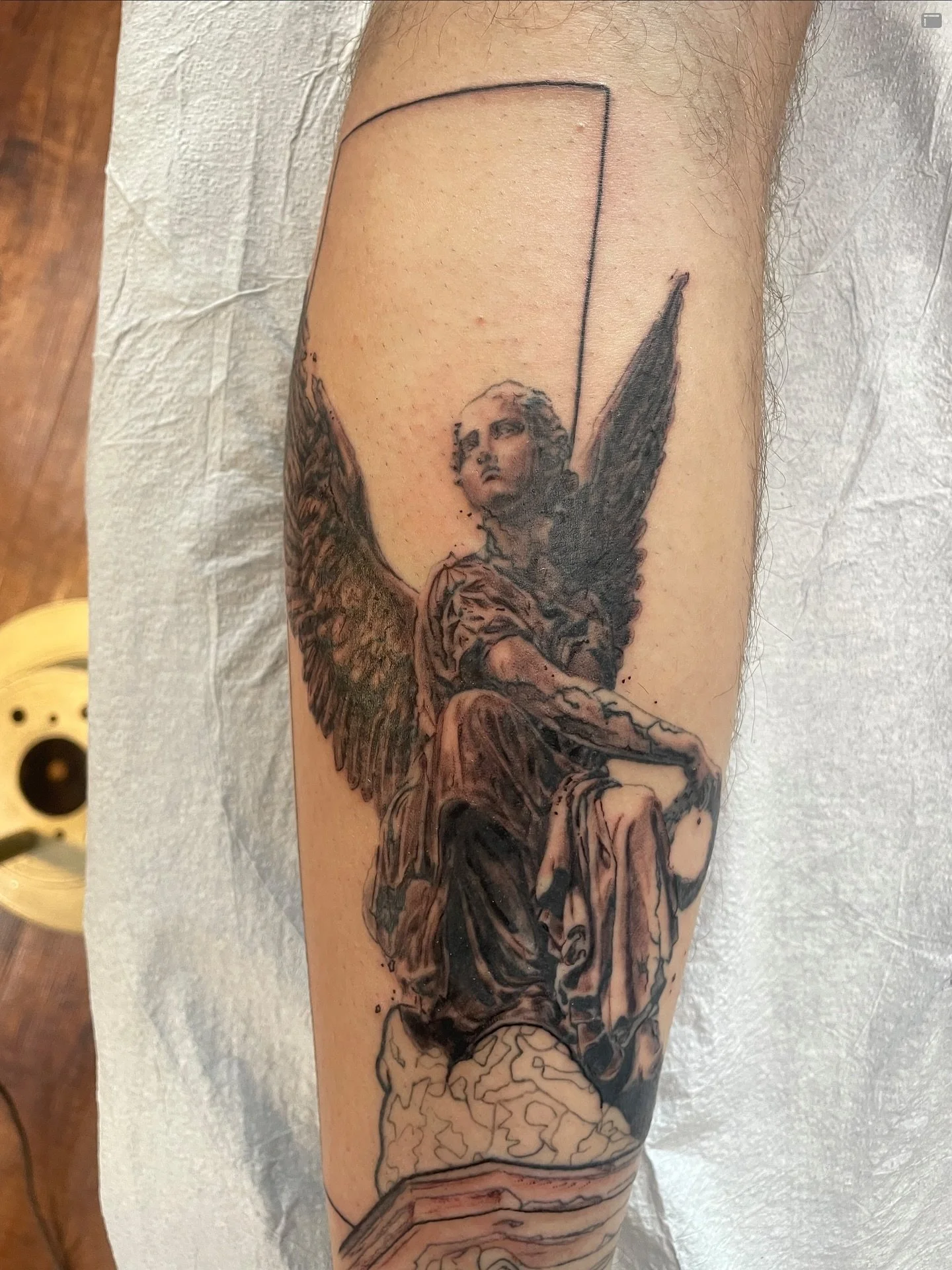 A chipped and crumbling angel from a few weeks ago.

👀

-For all of my Colorado clients, I will be back in Durango from the 11th to the 23rd this month. I have a few days left to fill so shoot me a text or DM if you&rsquo;re tryina book a tattoo!