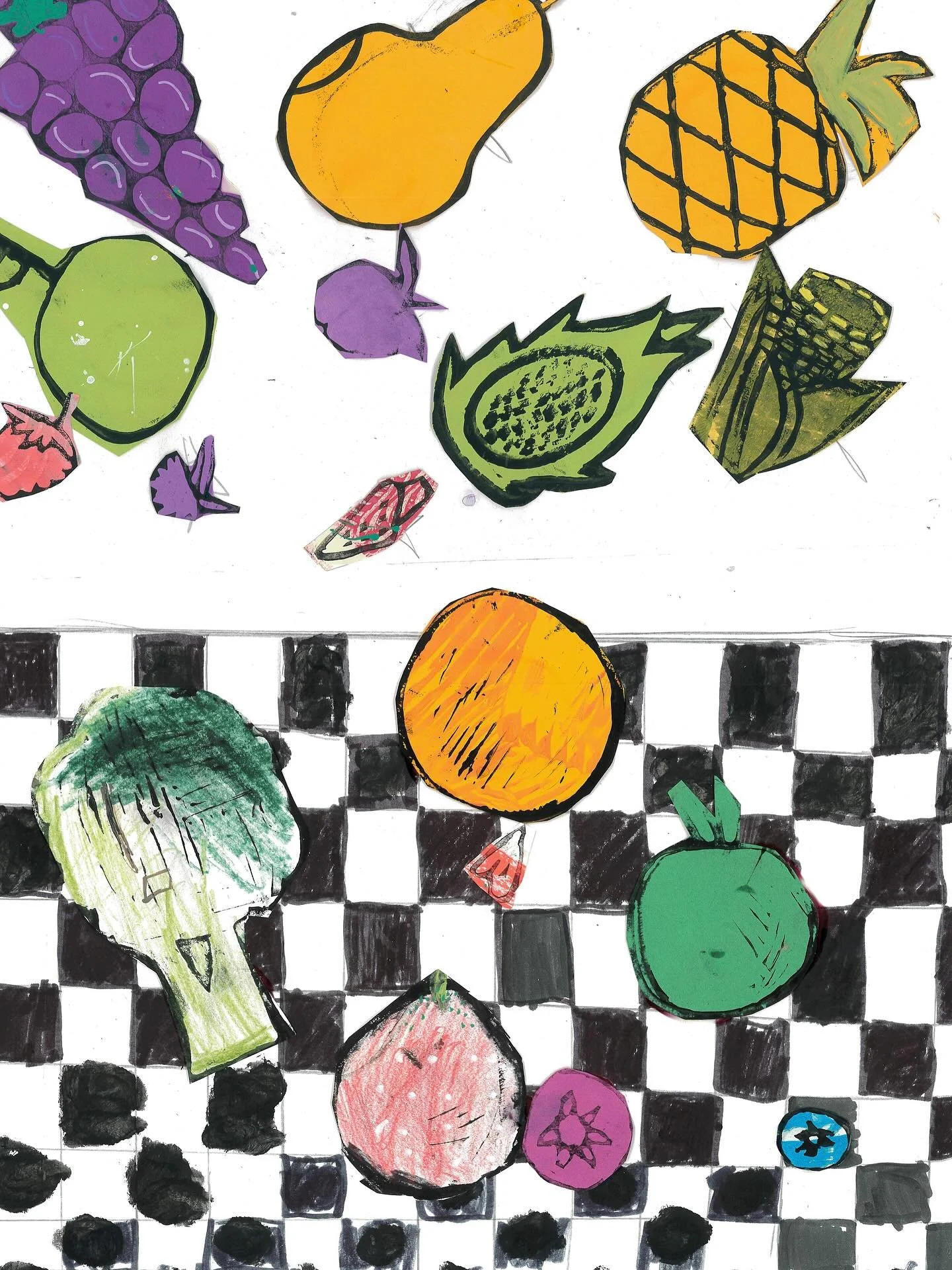 Year 5✅ Here's some 3rd - 5th grade linocut print exchange/still life collages from Fall 2024 🍏🍓🫐